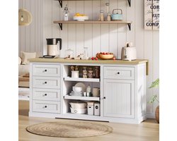 DESMIU Dressoir - Met 5 Laden En 2 Uittrekbare Planken - Met Opklapbaar Uitbreidblad Voor Keuken En Eetkamer - MDF - 150x65x75,5 Cm - Wit