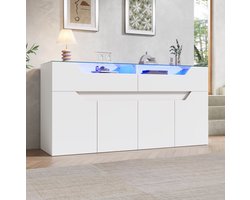DESMIU Dressoir - Met Gehard Glazen Blad En LED Verlichting - 2 Laden Voor Woonkamer En Eetkamer - MDF - 140x40x70 Cm - Wit