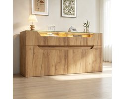 DESMIU Dressoir - Met Gehard Glazen Bovenblad En LED Verlichting - 2 Lades Voor Woonkamer, Eetkamer Of Hal - MDF - 140x40x70 Cm - Naturel