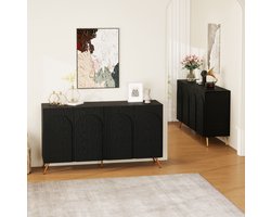 DESMIU Dressoir - Mid-Century Design Met 3D-Ribbels En Boogdeuren - Voor Hal En Woonkamer - Spaanplaat En Metaal - 150x38x83 Cm - Zwart