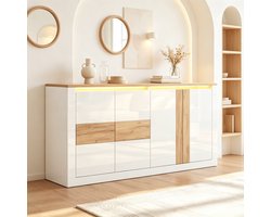 DESMIU Dressoir - Modern Sideboard Met RGB Ledverlichting En Verstelbare Planken - Voor Woonkamer En Hal - MDF - Wit En Naturel - 140x35x70 Cm