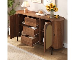 DESMIU Dressoir - Ovale Opbergkast Met Rotan En Laden - Voor Woonkamer En Hal - MDF En Metaal - 140x38x77,5 Cm - Walnoot