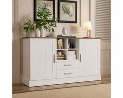 DESMIU Dressoir - Ruime Opbergkast Met 2 Deuren En 2 Lades - Voor Woonkamer En Eetkamer - Spaanplaat - 140x40x79,5 Cm - Wit Bruin
