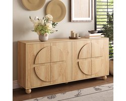 DESMIU Dressoir - Vier Deuren Met Reliëf En Verstelbare Planken - Gesloten Opbergkast Voor Hal Woonkamer En Eetkamer - Hout - 160x38x76 Cm - Naturel