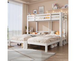DESMIU Driepersoons Stapelbed 90x200cm – Hoekladder En Omkeerbare Opbouw – Drie Slaapplaatsen Met Opbergplateau – Voor Kinder- En Jeugdkamer – Massief Hout – Wit – Zonder matras