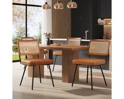 DESMIU Eetkamerstoel 61 x 46 x 79 cm - Set Van 4 Met PE-Rotan Rugleuning En Kunstleren Zitting - Voor Eetkamer En Woonkamer - Metaal Bruin