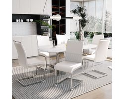 DESMIU Eetkamerstoel - Hoge Rugleuning - Set Van 6 - Gevoerd Met Kunstleer En Linnen - Voor Eetkamer, Keuken En Woonkamer - Wit
