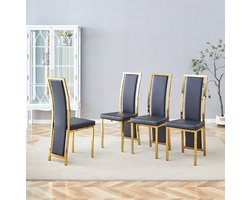 DESMIU Eetkamerstoel Set Van 4 - Zwart Goud Design Met Hoge Rugleuning En 6 Cm Zitting - Voor Eetkamer En Kantoor - Metaal En Kunstleer