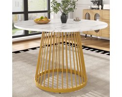 DESMIU Eettafel - Ronde Tafel Met Marmerlook Blad En Stevige Metalen Poten - Voor Eetkamer, Woonkamer En Kantoor - MDF En Metaal - Goud Wit - 80x80x76 Cm