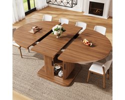DESMIU Eettafel - Uitschuifbaar Ovaal Met Opbergruimte En Schuifdeuren - Modern Voor Woonkamer En Eetkamer - MDF En Metaal - 149,8x110x75 Cm - Wood