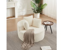 DESMIU Fauteuil 110 Cm - Ronde Corduroy Loungestoel Met 3 Kussens En Brede Armleuningen - Voor Woonkamer, Slaapkamer En Speelkamer - Stof - Beige