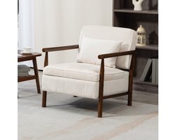DESMIU Fauteuil 83 x 66 x 73 cm - Zachte Velvet Loungestoel Met Lendenkussen En Opbergruimte - Voor Woonkamer En Leeshoek - Hout Wit