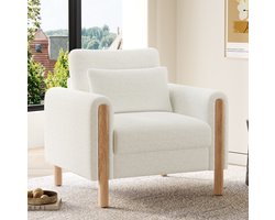 DESMIU Fauteuil 87 x 83 x 88,5 Cm - Comfortabele 1-Zits Met Dikke Kussens En Armleuningen - Voor Woonkamer Of Slaapkamer - Teddy Stof - Wit