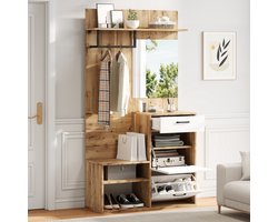 DESMIU Garderobekast - Compact Halmeubel Met Spiegel En Schoenbank - Met Lade En 2 Kanteldeurkasten Voor Hal En Entree - Spaanplaat - 100x38,5x190 Cm - Wit Natuur