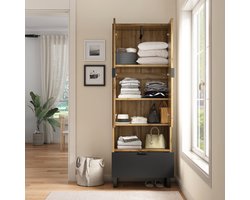 DESMIU Garderobekast - Met Hanggedeelte En Verstelbare Planken - Voor Hal En Slaapkamer - Spaanderplaat - Naturel En Zwart - 180x65x38 Cm