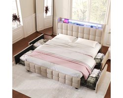 DESMIU Gestoffeerd Bed 140x200 cm – Hoofdbord Met Usb, Stopcontacten En Led – Met 4 Laden En Opbergruimte – Tweepersoonsbed Van Linnen – Beige – Zonder Matras