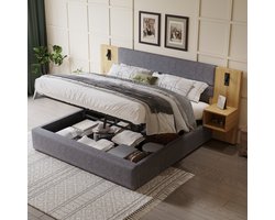 DESMIU Gestoffeerd Bed 180 x 200 cm – Hydraulisch Opbergbed Met Leesverlichting En Oplaadfunctie – Met 2 Nachtkastjes – Voor Slaapkamer – Fluweel – Naturel Grijs – Zonder Matras
