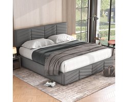 DESMIU Gestoffeerd Bed 180x200 cm – Verstelbaar Hoofdbord – Hydraulisch Opbergbed – Opbergruimte Onder Bed – Voor Slaapkamer – Fluweel – Grijs – Zonder Matras