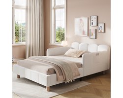 DESMIU Gestoffeerd Bed 90 x 200 cm Kinderbed Met En Zonder Matras Hoofdbord Met Lichte Schuine Stand En Zijpanelen Opbergtas Voor Kinderkamer Bouclé Beige