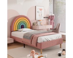 DESMIU Gestoffeerd Bed 90x200 cm – Verstelbaar Hoofdbord met Regenboogdesign – Houten Lattenbodem – Zonder Matras – Jeugdkamer/Slaapkamer – Fluweel – Roze