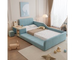 DESMIU Gestoffeerd Bed 90x200cm - Kinderbed Met Bureau En Poef - Opbergruimte Onder Het Zijvlak - Voor Kinderkamer - Blauw Fluweel - Zonder Matras