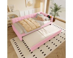 DESMIU Gestoffeerd Bed 90x200cm Met Matras – Dagbed Met Uittrekbaar Bed En Leeslamp – Bed Met USB En Type-C Oplaadfunctie – Ideaal Voor Kinderkamer En Slaapkamer – Bouclestof – Roze
