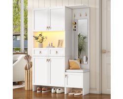 DESMIU Halmeubel - Garderobeset Met Schoenenbank, Spiegel En Ledverlichting - Voor Hal En Gang - Spaanplaat - 120x33,5x180 Cm - Wit