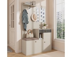DESMIU Halmeubelset - Met Spiegel Zitkussen En Schoenenkast - Veelzijdig Voor Hal En Entree - MDF - 110x37x185,5 Cm - Beige En Crème