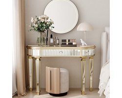 DESMIU Halvemaan Consoletafel Met Spiegelglas En Lade - Elegant Voor Hal, Woonkamer En Slaapkamer - MDF En Glas - Goud En Zilver - 120x38x78 Cm