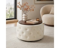 DESMIU Hocker Set Van 2 - Ronde Opberghockers Met Houten Dienblad - Voetenbank En Bijzettafel - Woonkamer En Slaapkamer - Fluweel Beige