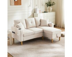 DESMIU Hoekbank 175 Cm - 3-Zits Met Chaise Longue, Opbergruimte En Bekerhouders - Voor Woonkamer, Kantoor En Appartement - Katoen Linnen Beige