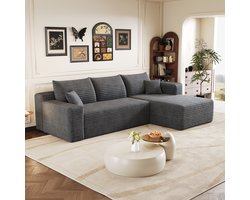 DESMIU Hoekbank 241 Cm - 3-Zits L-Vormige Bank Met Zachte Zit En Chaise Longue - Voor Woonkamer En Lounge - Ribfluweel - Donkergrijs