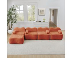 DESMIU Hoekbank 384 x 167 x 70 cm - Modulair 4-Zits Met Hocker En 32D Schuim - Voor Woonkamer En Appartement - Velvet Oranje