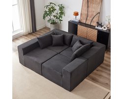 DESMIU Hoekbank 4-Zits - Modulaire L-Vorm Met Vrij Combineerbare Delen - Voor Woonkamer En Slaapkamer - Ribfluweel Zwart