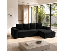 DESMIU Hoekbank 4-Zits - Modulaire L-Vormige Bank Met Diepe Zitting En Chaise Longue - Voor Woonkamer En Slaapkamer - Stof - Zwart
