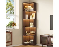 DESMIU Hoekboekenkast - Met Kleurveranderende Ledverlichting En Vijf Opbergvakken - Voor Woonkamer Of Werkkamer - MDF - 63,5x45x175 Cm - Bruin