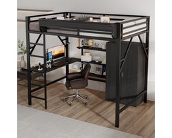 DESMIU Hoogslaper 140x200 cm – Hoogslaper Met Bureau, Kast En Opbergvakken – Voor Kinderkamer – Metaal En MDF – Zwart – Zonder Matras