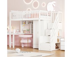 DESMIU Hoogslaper 90x200 cm – Bed Met Kast En Bureau – Veilige Trap Met Laden En Opbergruimte – Ideaal Voor Kinderkamer – Massief Hout – Wit – Zonder Matras