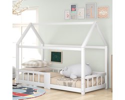 DESMIU Huisbed 90 x 200 cm Zonder matras – Kinderbed Met Tafel en Veiligheidsralen – Speels Opbergvriendelijk Design – Kinderkamer – Massief Hout – Wit