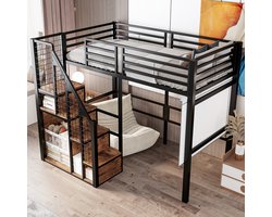 DESMIU Huisbed 90x200cm - Hoogslaper met Ingebouwde Opbergruimte en Ladegedeelte - Veilig Trapbed voor Kinderen en Tieners - Metaal - Zwart - Zonder matras