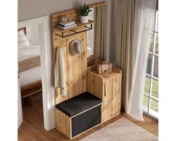 DESMIU Kapstok Met Spiegel En Zitbank - Ruimtebesparende Halmeubelset Met Schoenkast En Haken - Voor Hal En Kleine Woning - Spaanplaat - 100x38x185 Cm - Zwart Natuur