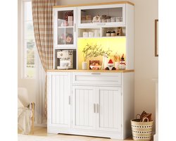 DESMIU Keukenkast - Hoge Opbergkast Met Ledverlichting En Glazen Deuren - Voor Keuken En Woonkamer - MDF En Metaal - 104x40x180 Cm - Wit
