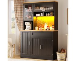 DESMIU Keukenkast - Hoge Vitrinekast Met Ledverlichting En Opbergruimte - Voor Keuken En Woonkamer - MDF En Metaal - 104x40x180 Cm - Zwart