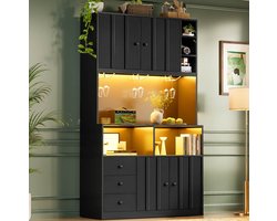 DESMIU Keukenkast - Hoog Model Met LED Verlichting En Stopcontact - Voor Keuken En Eetkamer - MDF - Zwart - 100x40x180 Cm