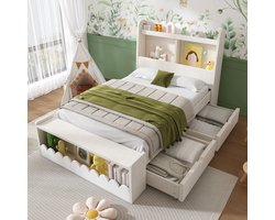 DESMIU Kinderbed 90x200 cm – Eenpersoonsbed Met Opberglades En Planken – Met Zitbank En Opbergruimte – Voor Kinderkamer – Massief Hout En MDF – Wit En Licht Eiken – Zonder Matras