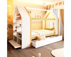 DESMIU Kinderbed 90x200cm – Huisbed Met Ledverlichting En Opbergruimte – Twee Lades En Open Vakken – Voor Kinderkamer En Jeugdkamer – Hout En Mdf – Natuurlijk Wit – Zonder Matras