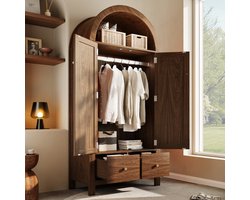DESMIU Kledingkast - Boogvorm Met Rotan En 2 Laden - Met Hangruimte Voor Slaapkamer En Hal - Hout En Metaal - 181x78x45 Cm - Walnoot
