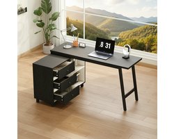 DESMIU L Vormig Bureau Met 3 Lades En 2 Open Opbergvakken Voor Kantoor En Studie MDF Metaal Zwart Wit 150 X 100 X 76 Cm