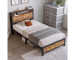 DESMIU Metalen Bed 90x200cm – Eenpersoonsbed Met Opberg Hoofdbord – Industrieel Bedframe Met Lattenbodem – Voor Jeugd En Volwassenen – Naturel – Zonder Matras