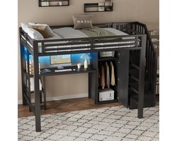 DESMIU Metalen Hoogslaper 140x200 cm – Hoogslaper Met Bureau, Kast, Legplank En Trap – Met Opbergruimte Voor Jeugdkamer – Zwart – Zonder Matras